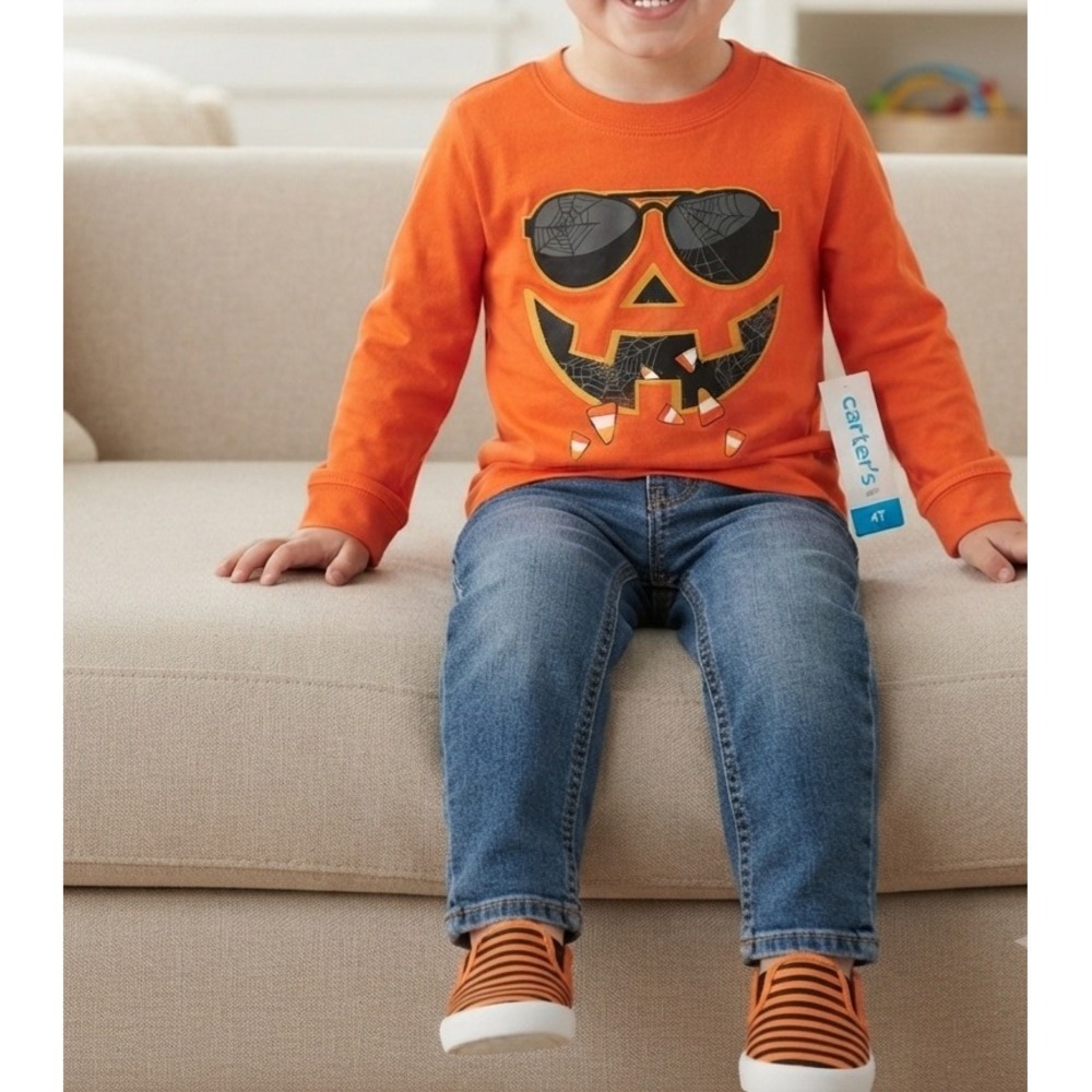 Carters Toddler Boys Orange Halloween Glow Jack-O-Lantern Long Sleeve Tee 4T